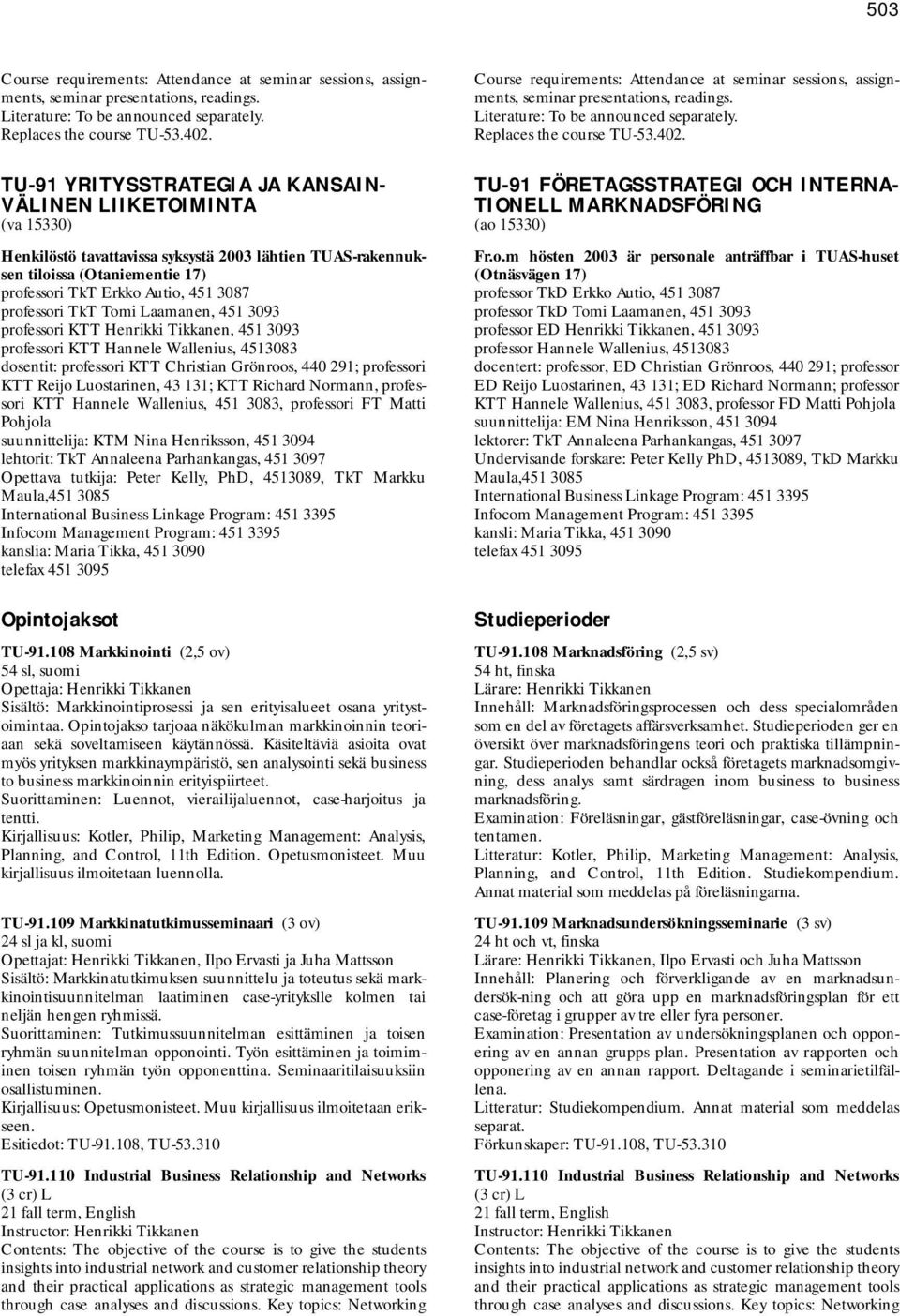 professori TkT Tomi Laamanen, 451 3093 professori KTT Henrikki Tikkanen, 451 3093 professori KTT Hannele Wallenius, 4513083 dosentit: professori KTT Christian Grönroos, 440 291; professori KTT Reijo