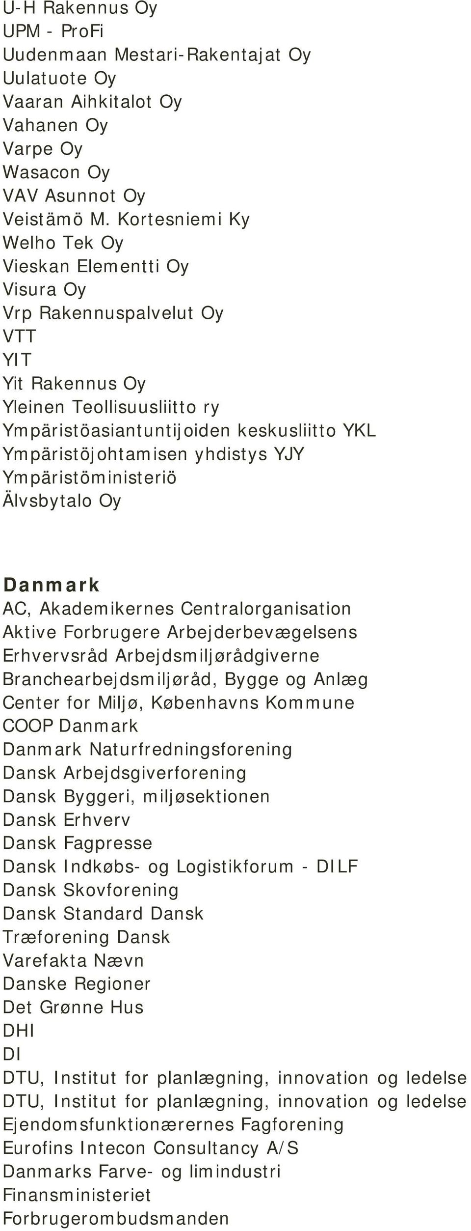 yhdistys YJY Ympäristöministeriö Älvsbytalo Oy Danmark AC, Akademikernes Centralorganisation Aktive Forbrugere Arbejderbevægelsens Erhvervsråd Arbejdsmiljørådgiverne Branchearbejdsmiljøråd, Bygge og