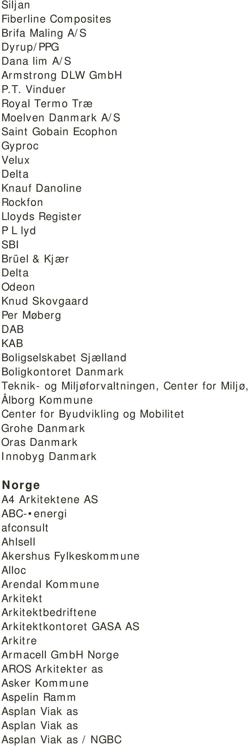 DAB KAB Boligselskabet Sjælland Boligkontoret Danmark Teknik- og Miljøforvaltningen, Center for Miljø, Ålborg Kommune Center for Byudvikling og Mobilitet Grohe Danmark Oras Danmark