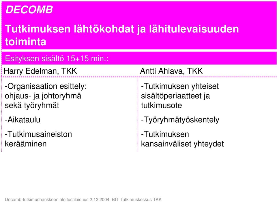 työryhmät -Aikataulu -Tutkimusaineiston kerääminen Antti Ahlava, TKK -Tutkimuksen