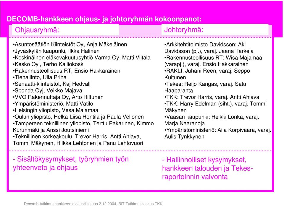 Hiltunen Ympäristöministeriö, Matti Vatilo Helsingin yliopisto, Vesa Majamaa Oulun yliopisto, Helka-Liisa Hentilä ja Paula Vellonen Tampereen teknillinen yliopisto, Terttu Pakarinen, Kimmo Kurunmäki