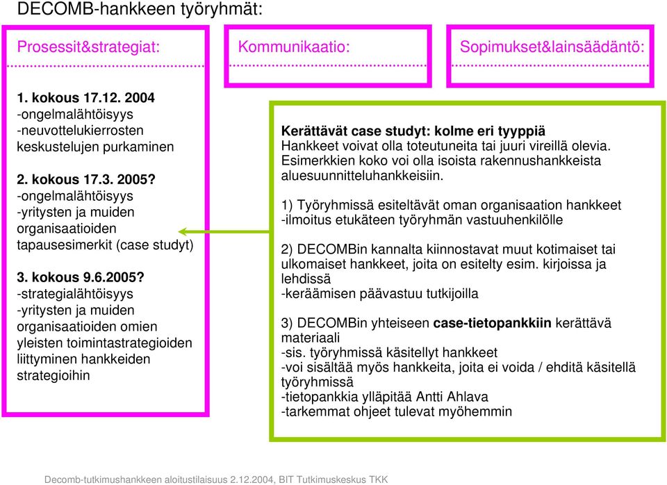 -strategialähtöisyys -yritysten ja muiden organisaatioiden omien yleisten toimintastrategioiden liittyminen hankkeiden strategioihin Kerättävät case studyt: kolme eri tyyppiä Hankkeet voivat olla