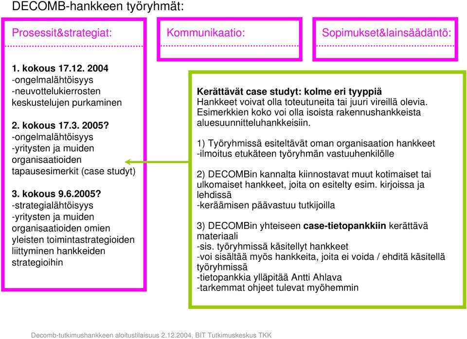 -strategialähtöisyys -yritysten ja muiden organisaatioiden omien yleisten toimintastrategioiden liittyminen hankkeiden strategioihin Kerättävät case studyt: kolme eri tyyppiä Hankkeet voivat olla