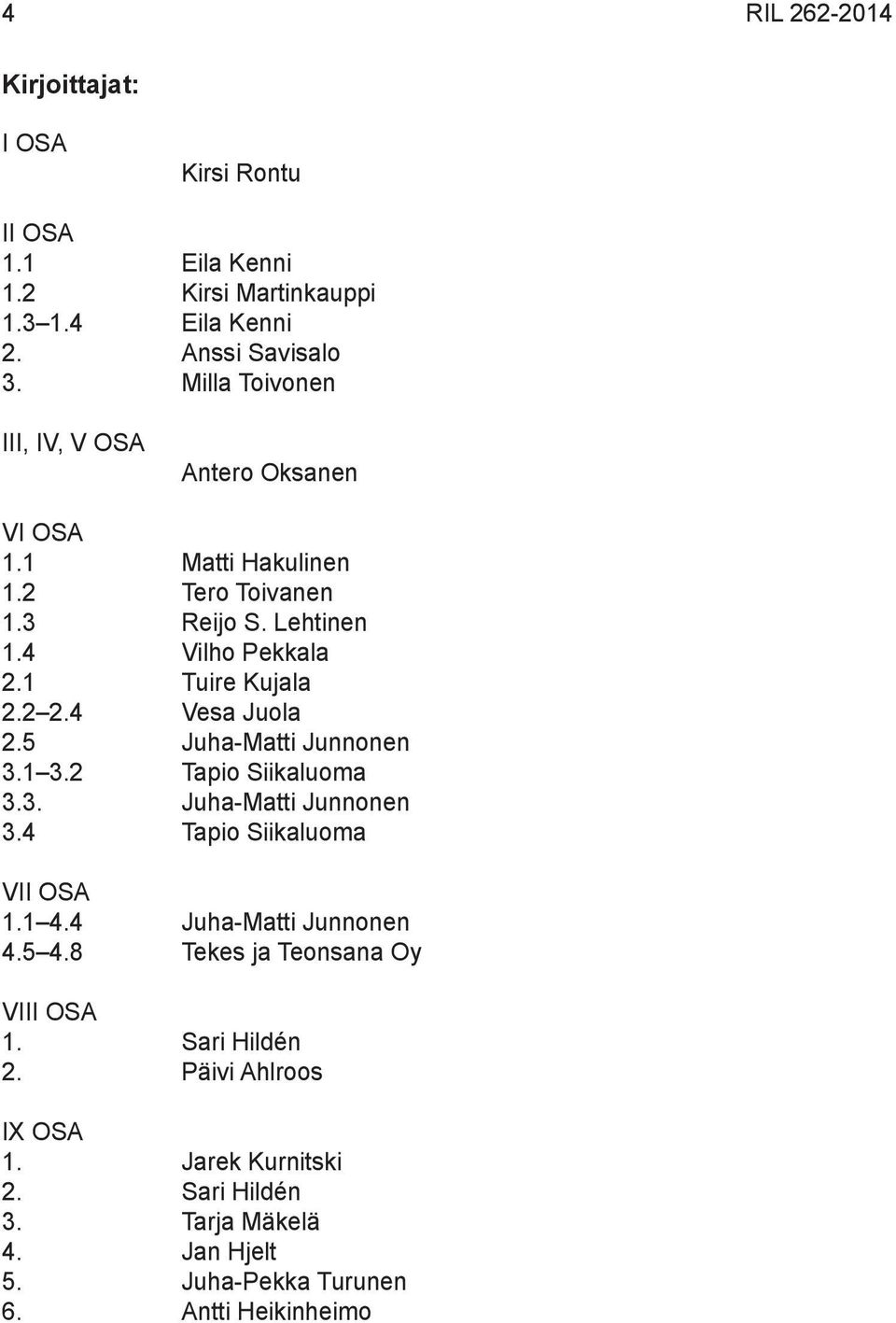 4 Vesa Juola 2.5 Juha-Matti Junnonen 3.1 3.2 Tapio Siikaluoma 3.3. Juha-Matti Junnonen 3.4 Tapio Siikaluoma VII OSA 1.1 4.4 Juha-Matti Junnonen 4.5 4.