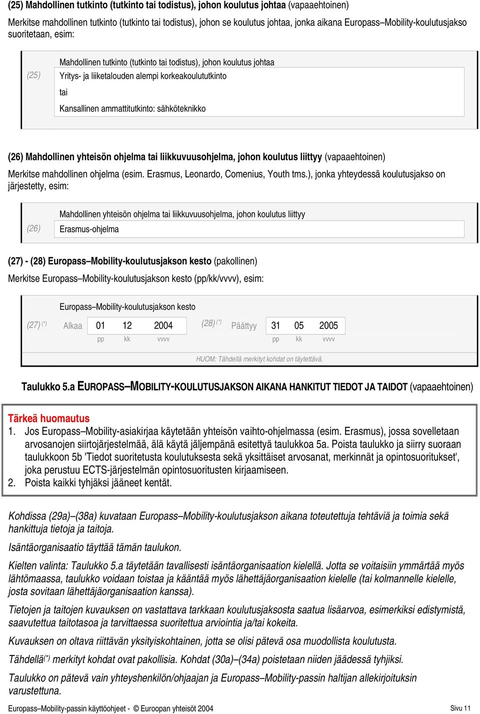 sähköteknikko (26) Mahdollinen yhteisön ohjelma liikkuvuusohjelma, johon koulutus liittyy (vapaaehtoinen) Merkitse mahdollinen ohjelma (esim. Erasmus, Leonardo, Comenius, Youth tms.