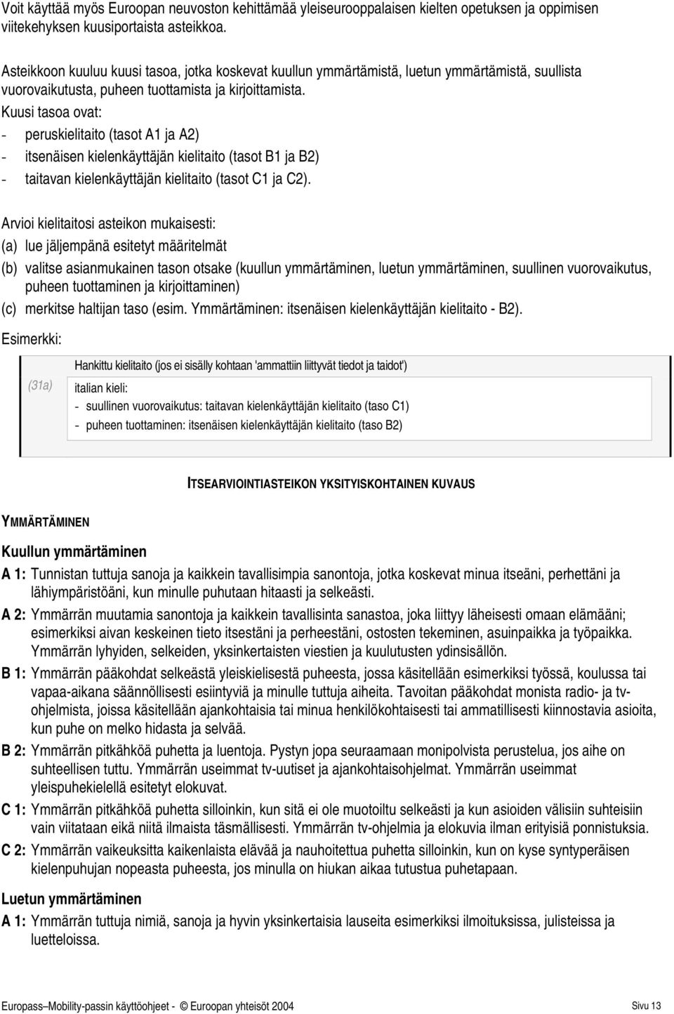 Kuusi tasoa ovat: - peruskielito (tasot A1 ja A2) - itsenäisen kielenkäyttäjän kielito (tasot B1 ja B2) - tavan kielenkäyttäjän kielito (tasot C1 ja C2).