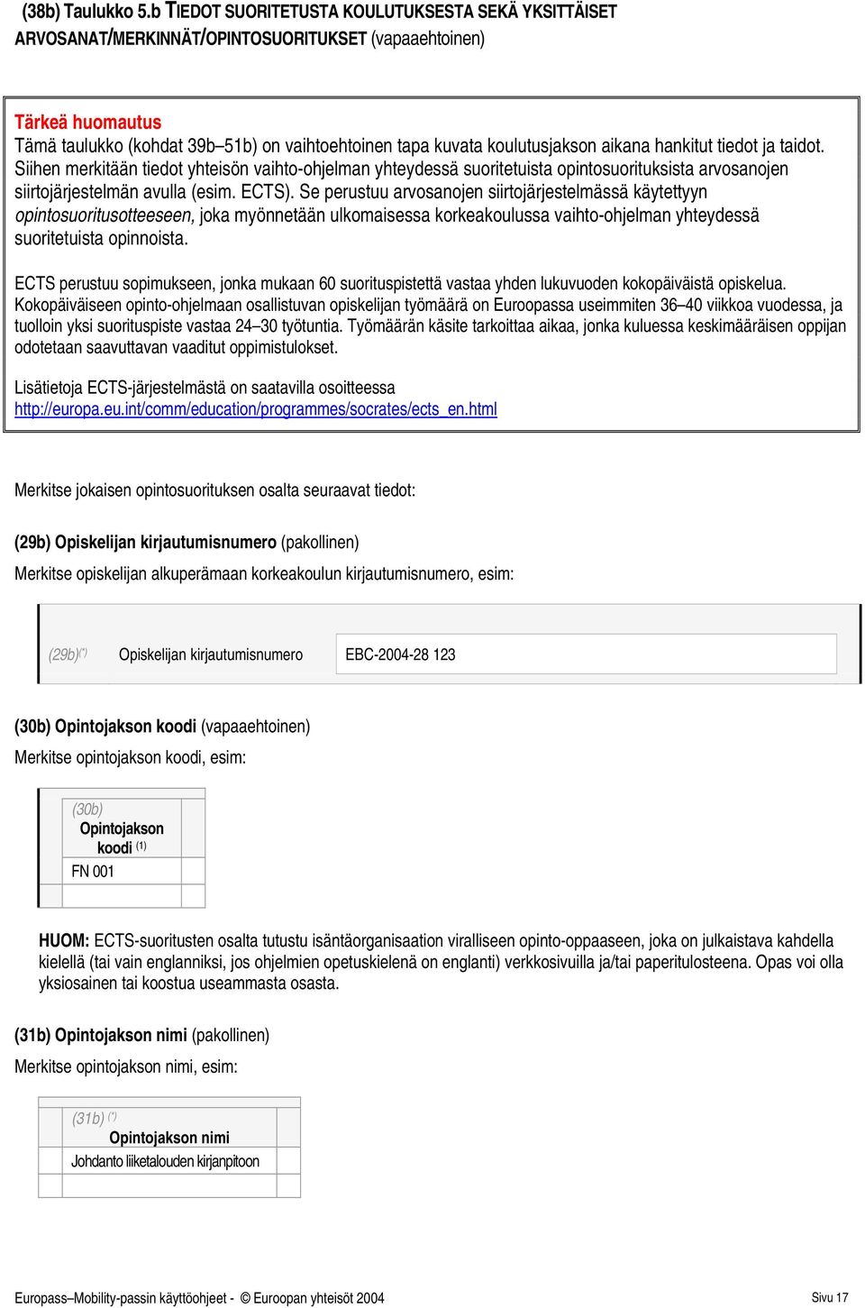 aikana hankitut tiedot ja dot. Siihen merkitään tiedot yhteisön vaihto-ohjelman yhteydessä suoritetuista opintosuorituksista arvosanojen siirtojärjestelmän avulla (esim. ECTS).