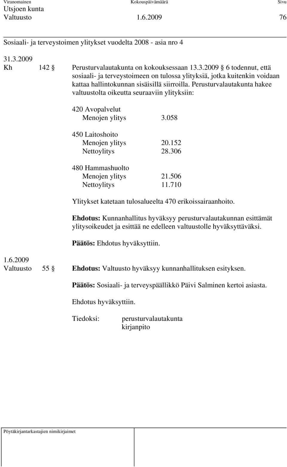 Perusturvalautakunta hakee valtuustolta oikeutta seuraaviin ylityksiin: 420 Avopalvelut Menojen ylitys 3.058 450 Laitoshoito Menojen ylitys 20.152 Nettoylitys 28.