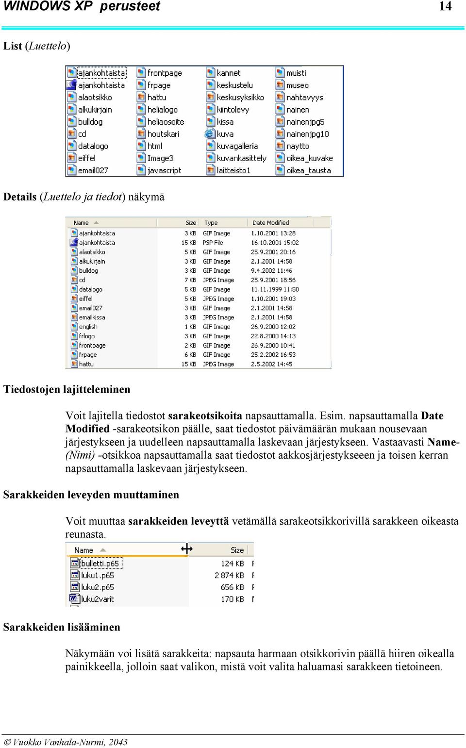 Vastaavasti Name- (Nimi) -otsikkoa napsauttamalla saat tiedostot aakkosjärjestykseeen ja toisen kerran napsauttamalla laskevaan järjestykseen.