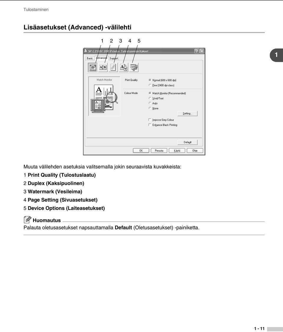 (Kaksipuolinen) 3 Watermark (Vesileima) 4 Page Setting (Sivuasetukset) 5 Device Options