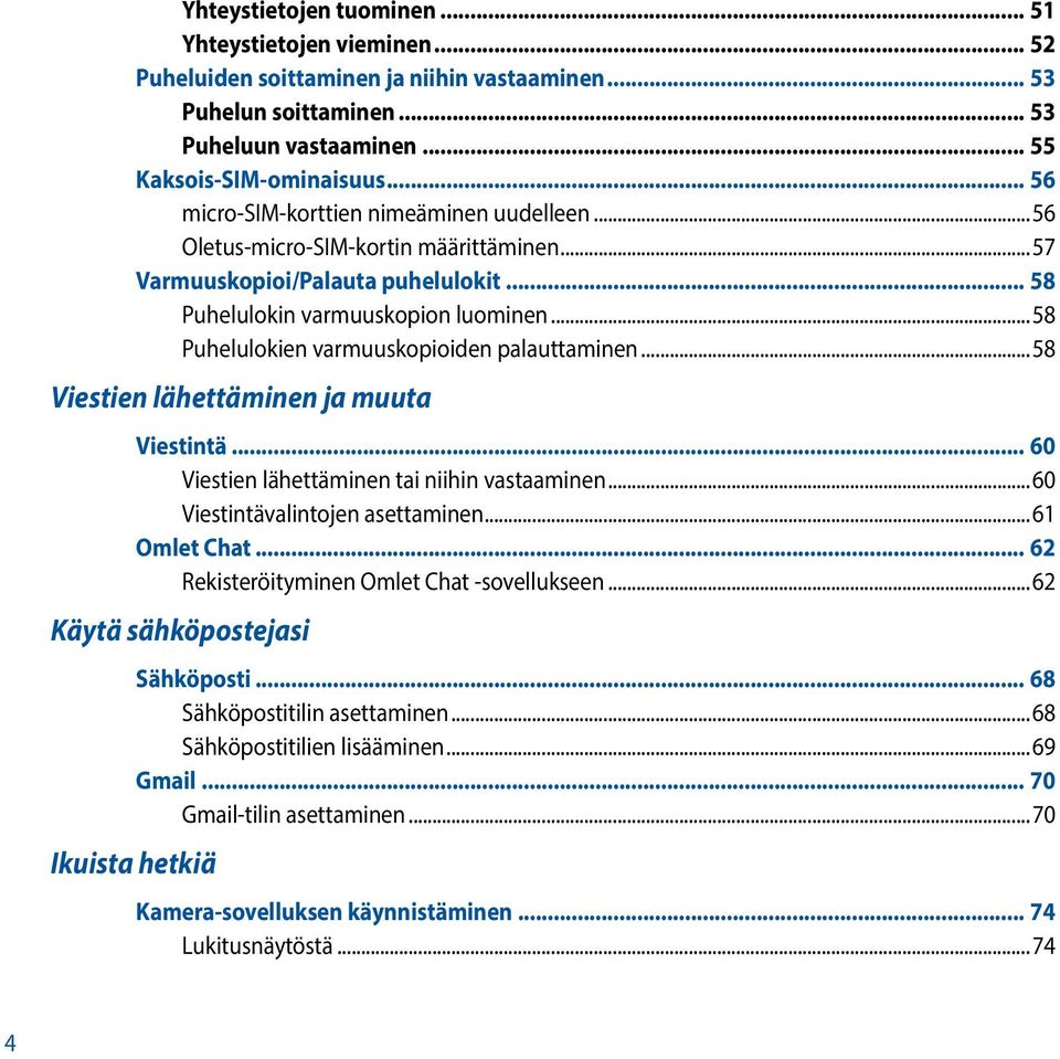 ..58 Puhelulokien varmuuskopioiden palauttaminen...58 Viestien lähettäminen ja muuta Viestintä... 60 Viestien lähettäminen tai niihin vastaaminen...60 Viestintävalintojen asettaminen...61 Omlet Chat.