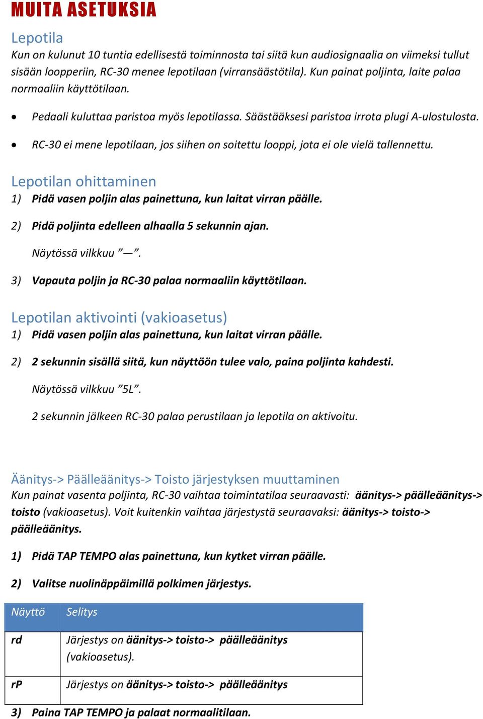 RC-30 ei mene lepotilaan, jos siihen on soitettu looppi, jota ei ole vielä tallennettu. Lepotilan ohittaminen 1) Pidä vasen poljin alas painettuna, kun laitat virran päälle.