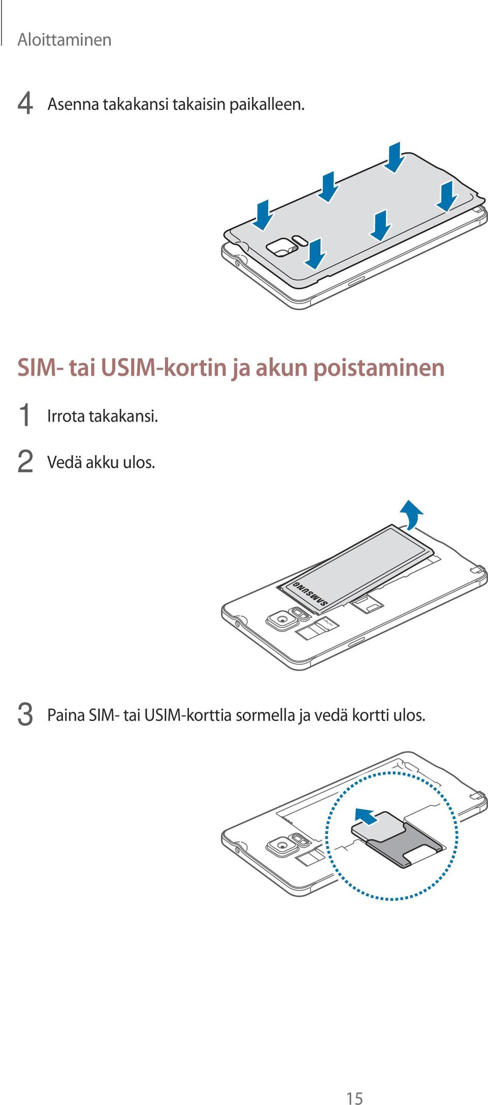 SIM- tai USIM-kortin ja akun poistaminen 1