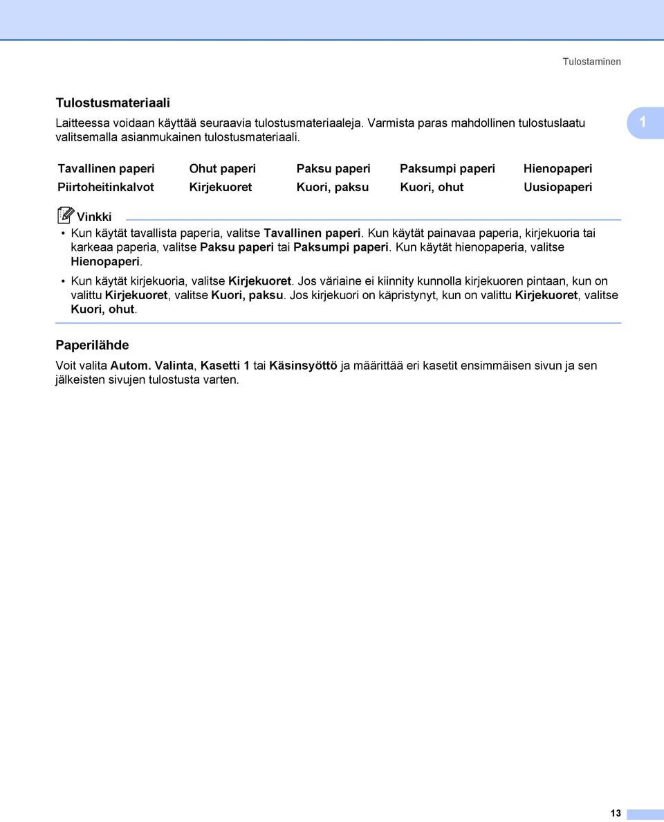 Kun käytät painavaa paperia, kirjekuoria tai karkeaa paperia, valitse Paksu paperi tai Paksumpi paperi. Kun käytät hienopaperia, valitse Hienopaperi. Kun käytät kirjekuoria, valitse Kirjekuoret.