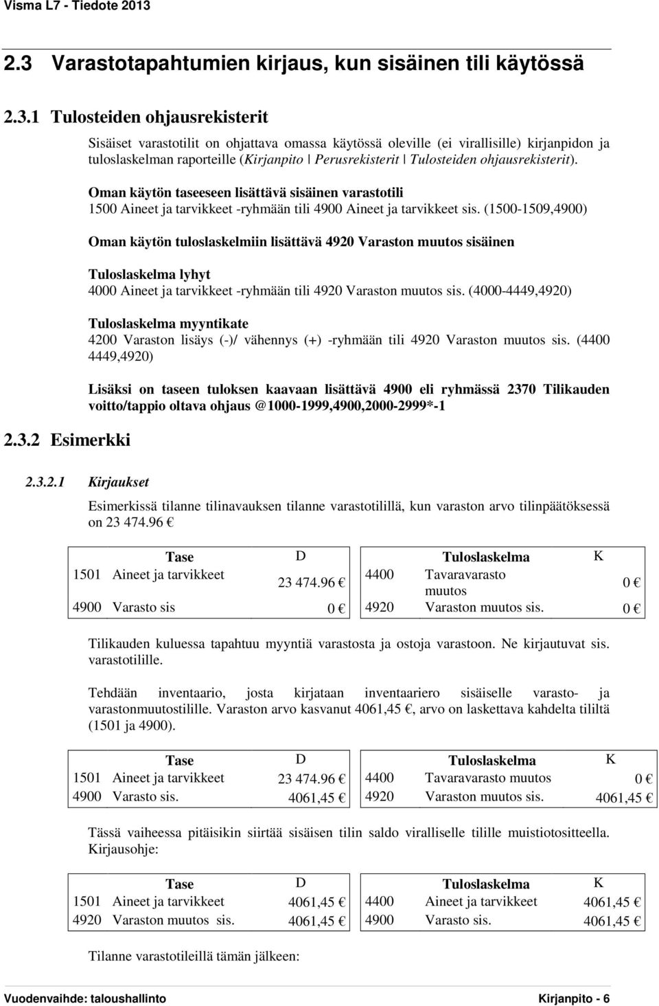 (1500-1509,4900) Oman käytön tuloslaskelmiin lisättävä 4920 Varaston muutos sisäinen Tuloslaskelma lyhyt 4000 Aineet ja tarvikkeet -ryhmään tili 4920 Varaston muutos sis.