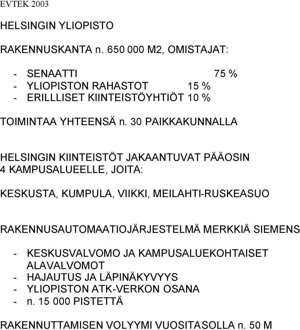 30 PAIKKAKUNNALLA HELSINGIN KIINTEISTÖT JAKAANTUVAT PÄÄOSIN 4 KAMPUSALUEELLE, JOITA: KESKUSTA, KUMPULA, VIIKKI, MEILAHTI-RUSKEASUO