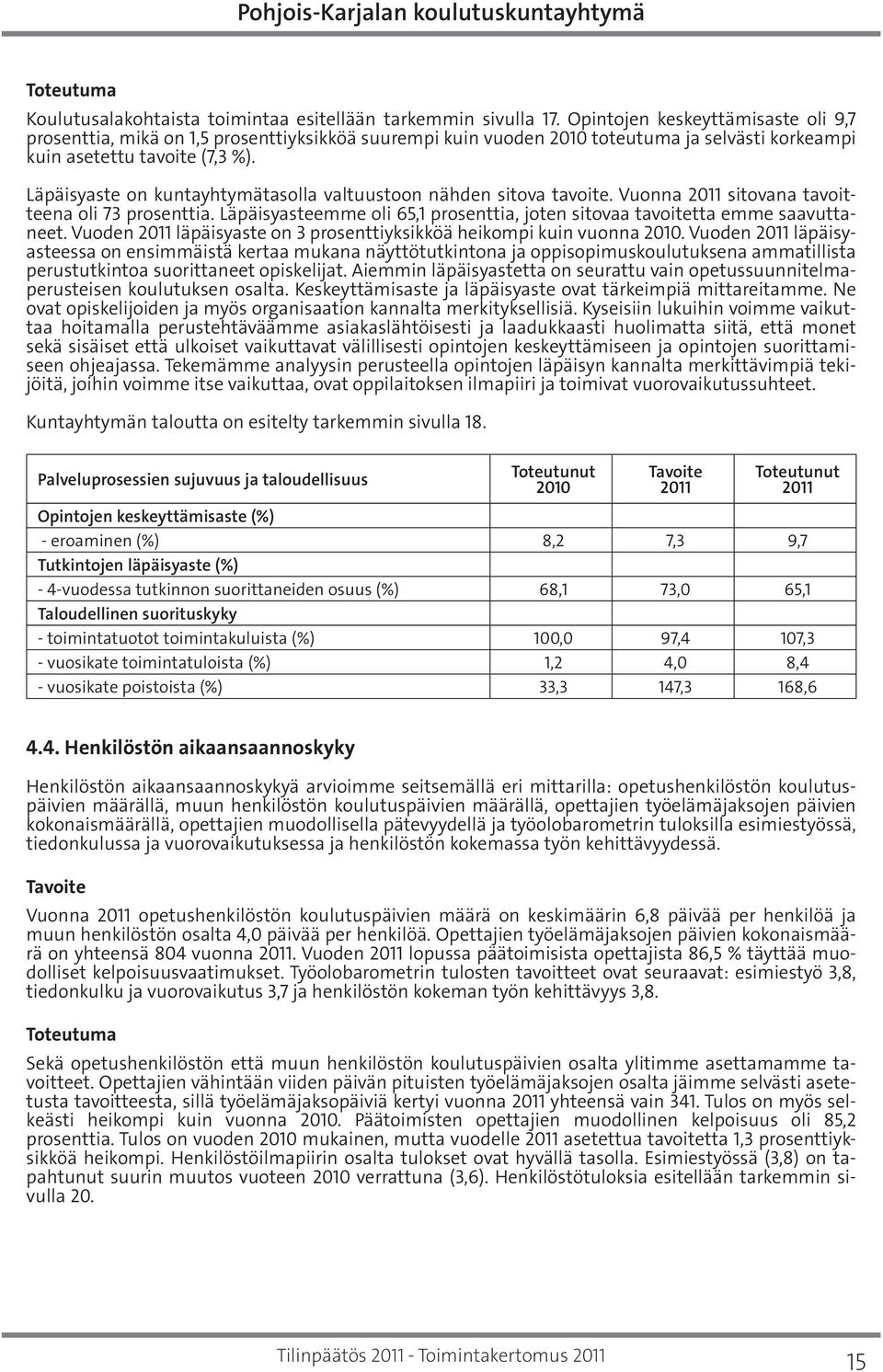 Läpäisyaste on kuntayhtymätasolla valtuustoon nähden sitova tavoite. Vuonna sitovana tavoitteena oli 73 prosenttia. Läpäisyasteemme oli 65,1 prosenttia, joten sitovaa tavoitetta emme saavuttaneet.