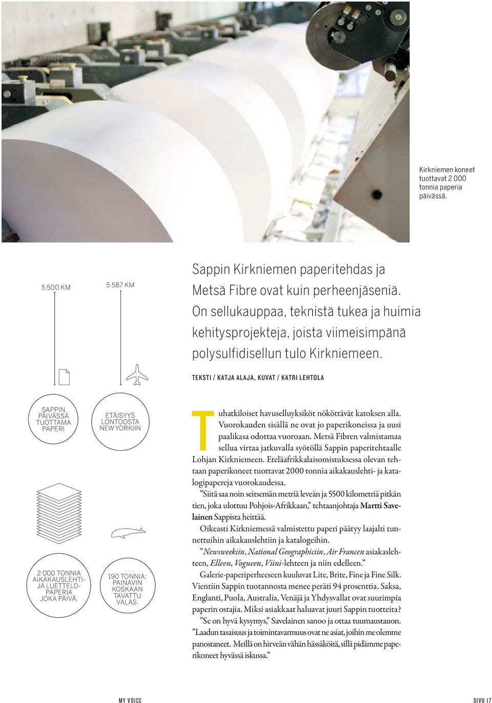 TEKSTI / KATJA ALAJA, KUVAT / KATRI LEHTOLA SAPPIN PÄIVÄSSÄ TUOTTAMA PAPERI 2 000 TONNIA AIKAKAUSLEHTI- JA LUETTELO- PAPERIA JOKA PÄIVÄ.