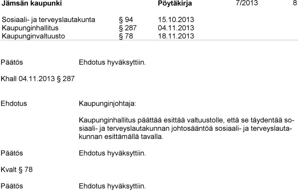 2013 Ehdotus hyväksyttiin. Khall 04.11.