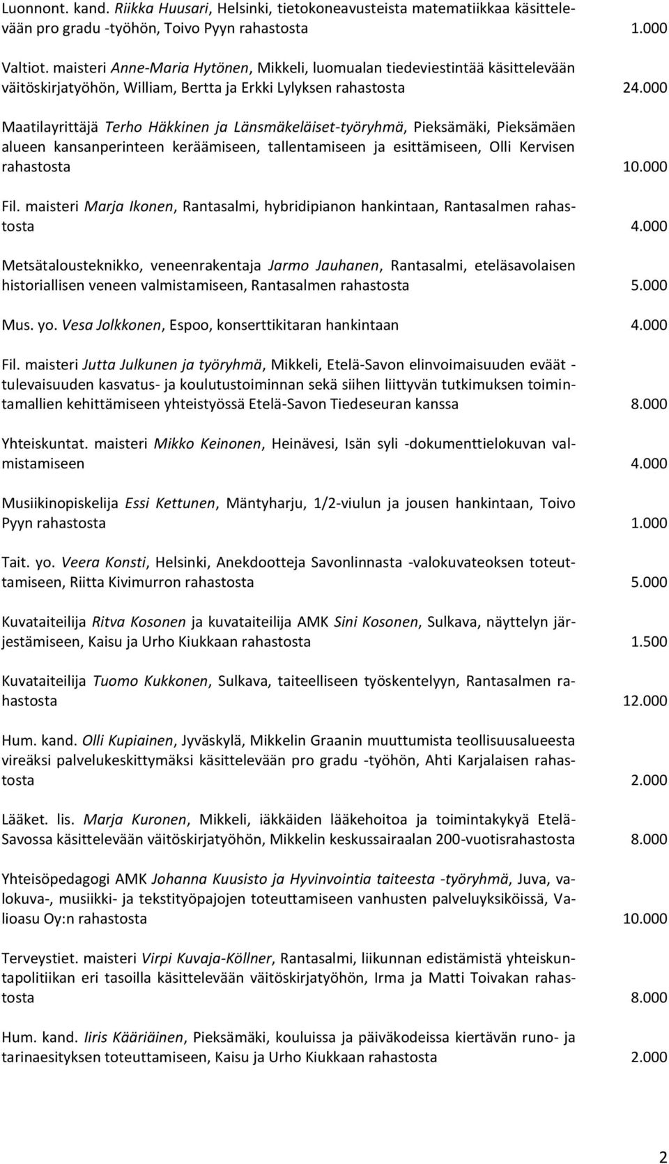 000 Maatilayrittäjä Terho Häkkinen ja Länsmäkeläiset-työryhmä, Pieksämäki, Pieksämäen alueen kansanperinteen keräämiseen, tallentamiseen ja esittämiseen, Olli Kervisen rahastosta 10.000 Fil.