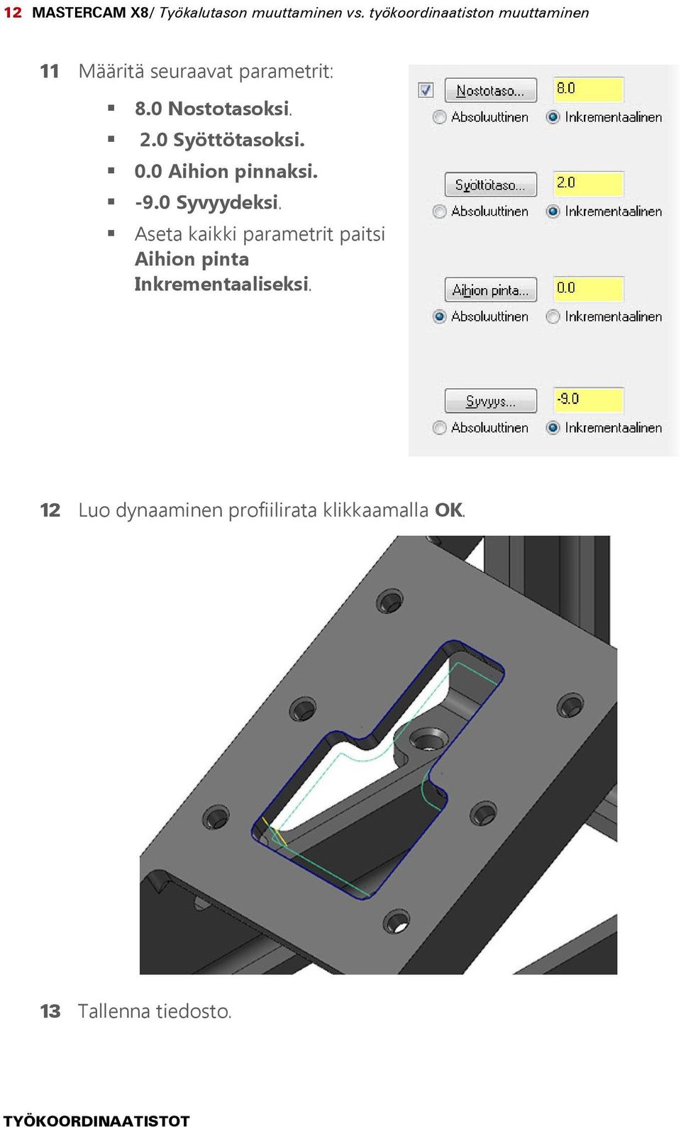 0 Nostotasoksi. 2.0 Syöttötasoksi. 0.0 Aihion pinnaksi. -9.0 Syvyydeksi.