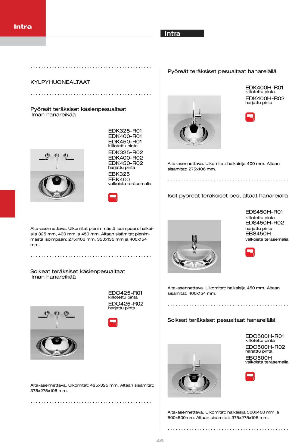 Isot pyöreät teräksiset pesualtaat hanareiällä Alta-asennettava. Ulkomitat pienimmästä isoimpaan: halkaisija 325 mm, 400 mm ja 450 mm.