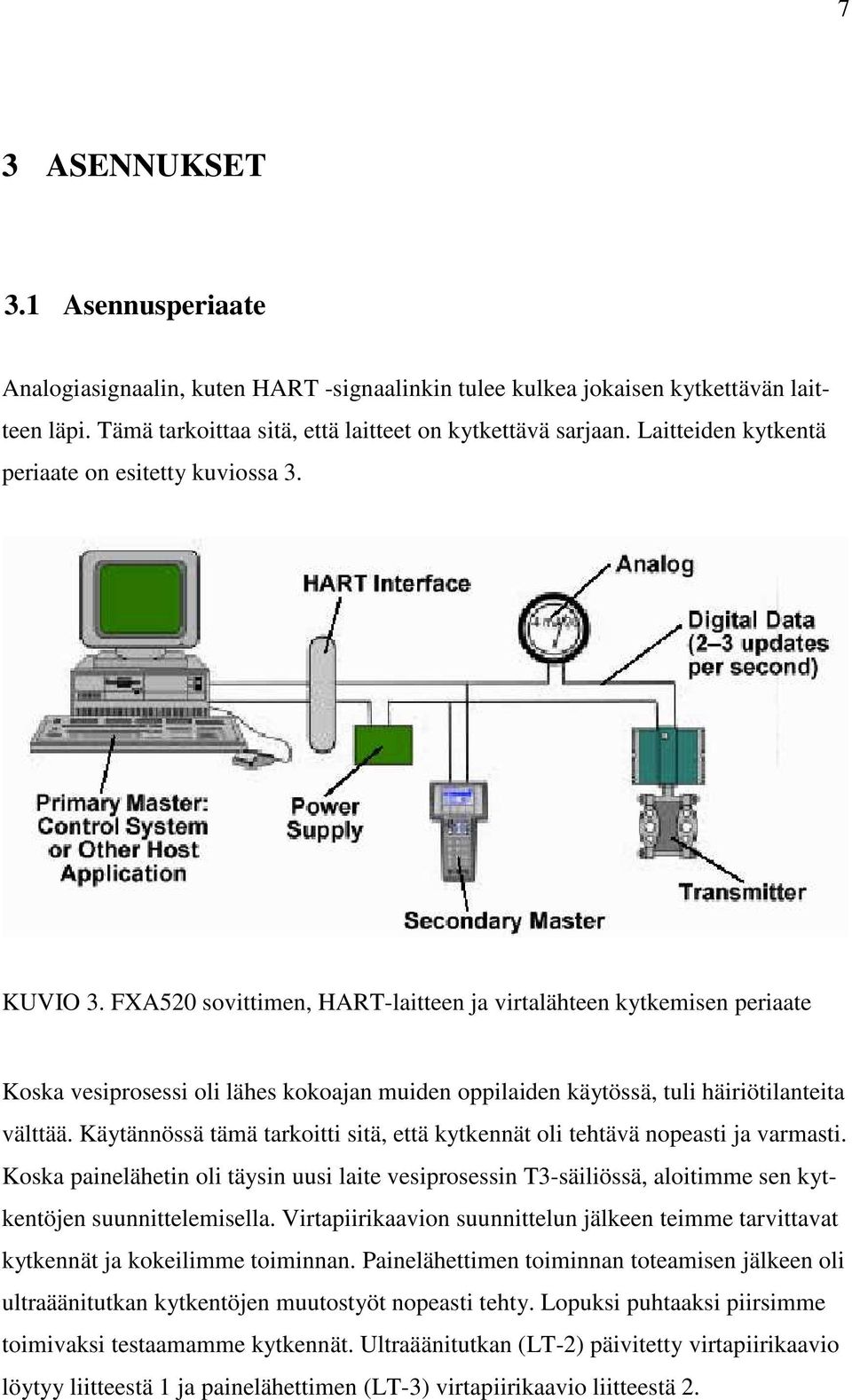 FXA520 sovittimen, HART-laitteen ja virtalähteen kytkemisen periaate Koska vesiprosessi oli lähes kokoajan muiden oppilaiden käytössä, tuli häiriötilanteita välttää.