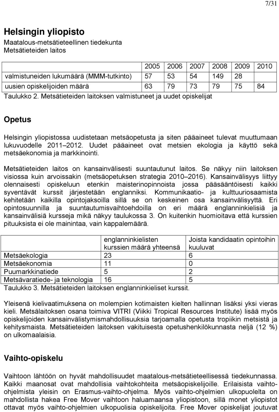 Metsätieteiden laitoksen valmistuneet ja uudet opiskelijat Opetus Helsingin yliopistossa uudistetaan metsäopetusta ja siten pääaineet tulevat muuttumaan lukuvuodelle 2011 2012.