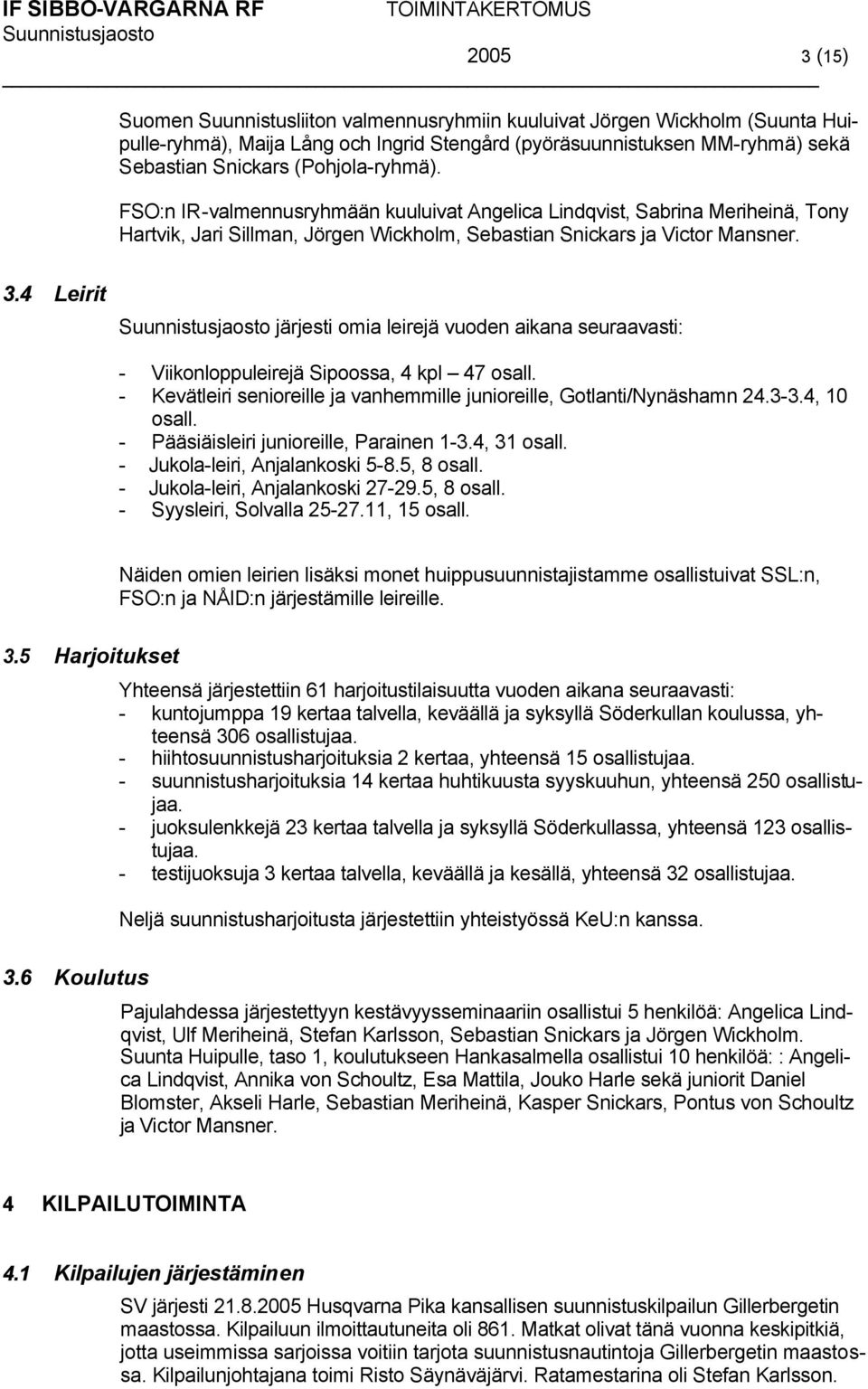 4 Leirit järjesti omia leirejä vuoden aikana seuraavasti: - Viikonloppuleirejä Sipoossa, 4 kpl 47 osall. - Kevätleiri senioreille ja vanhemmille junioreille, Gotlanti/Nynäshamn 24.3-3.4, 10 osall.