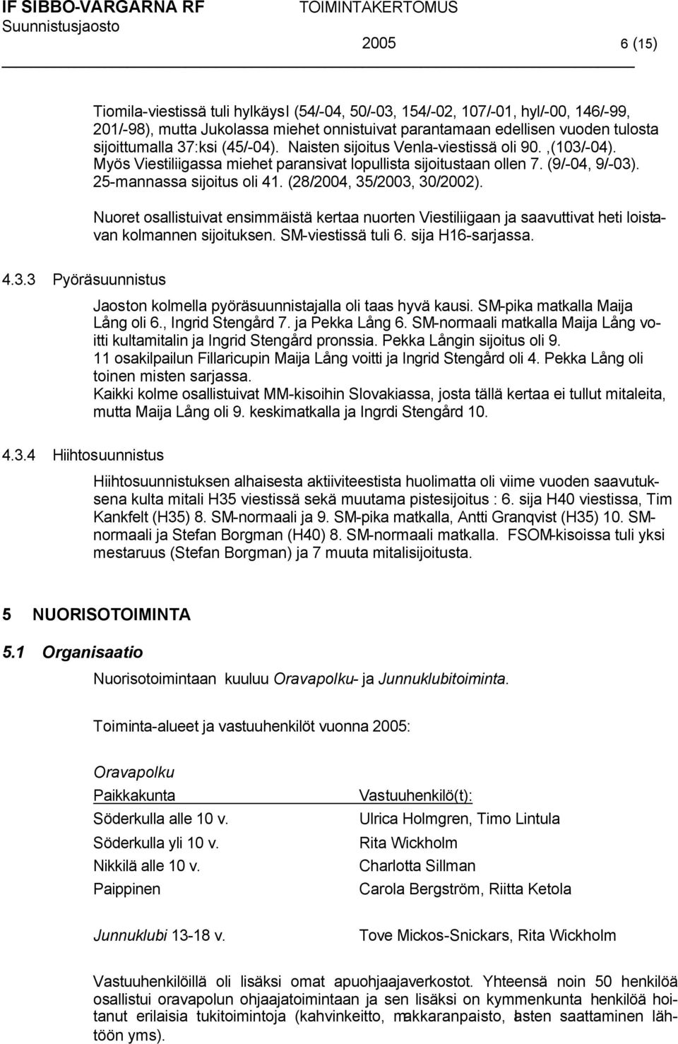 (28/2004, 35/2003, 30/2002). Nuoret osallistuivat ensimmäistä kertaa nuorten Viestiliigaan ja saavuttivat heti loistavan kolmannen sijoituksen. SM-viestissä tuli 6. sija H16-sarjassa. 4.3.3 Pyöräsuunnistus 4.