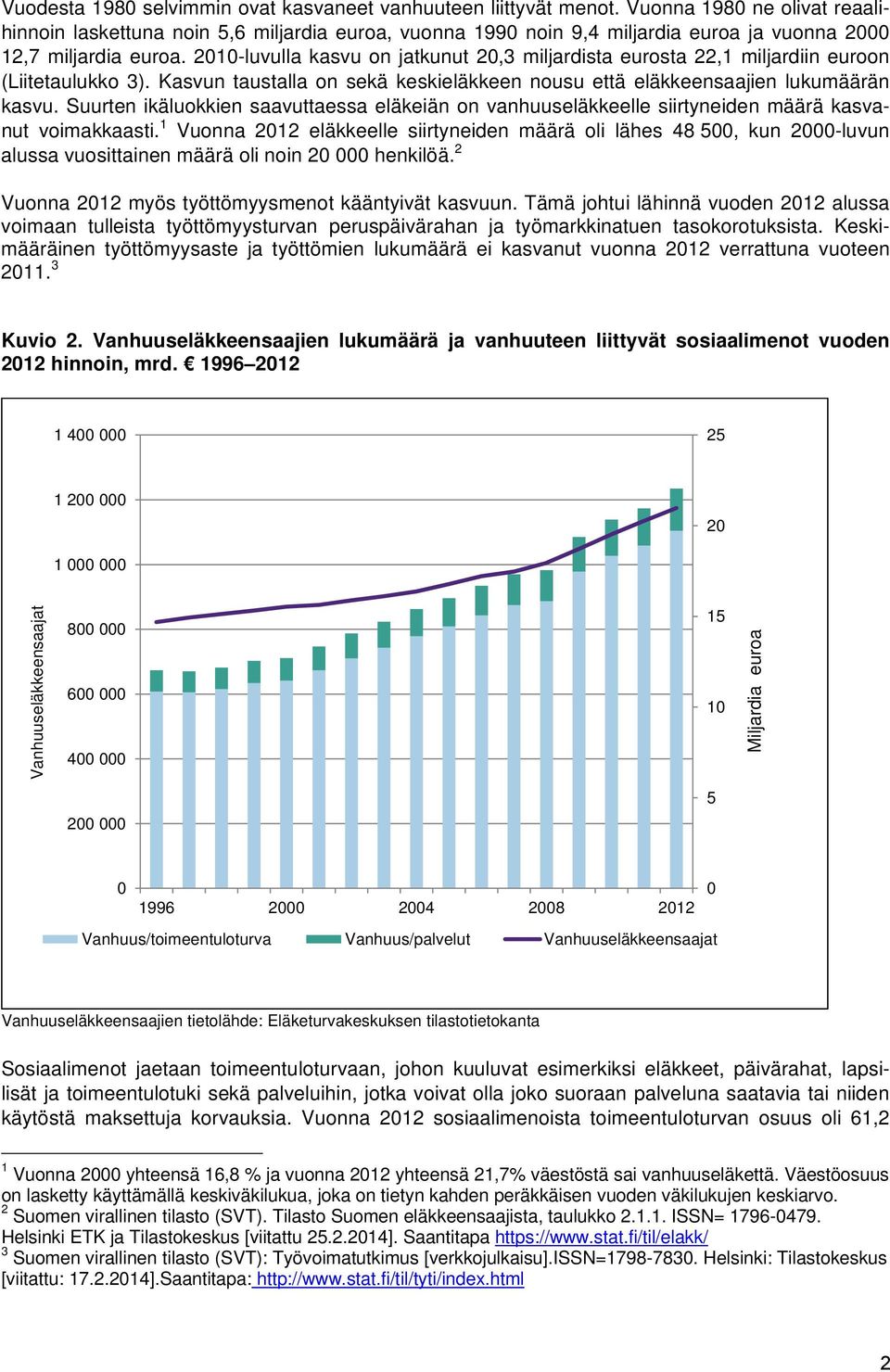 2010-luvulla kasvu on jatkunut 20,3 miljardista eurosta 22,1 miljardiin euroon (Liitetaulukko 3). Kasvun taustalla on sekä keskieläkkeen nousu että eläkkeensaajien lukumäärän kasvu.