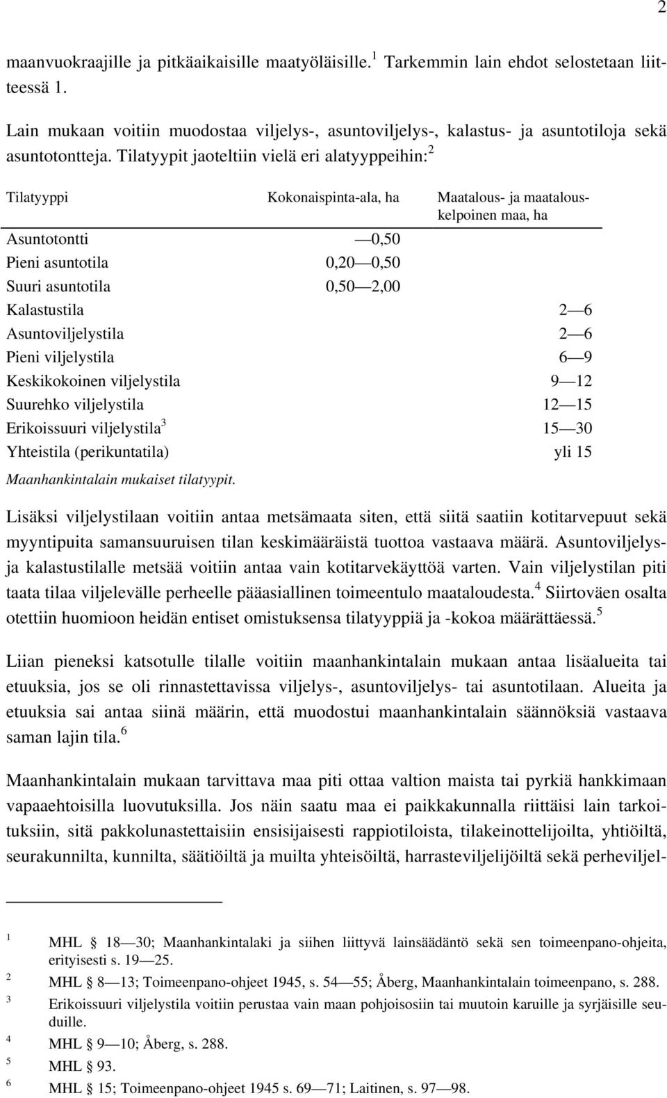 Tilatyypit jaoteltiin vielä eri alatyyppeihin: Tilatyyppi Kokonaispinta-ala, ha Maatalous- ja maatalouskelpoinen maa, ha Asuntotontti 0,50 Pieni asuntotila 0,0 0,50 Suuri asuntotila 0,50,00