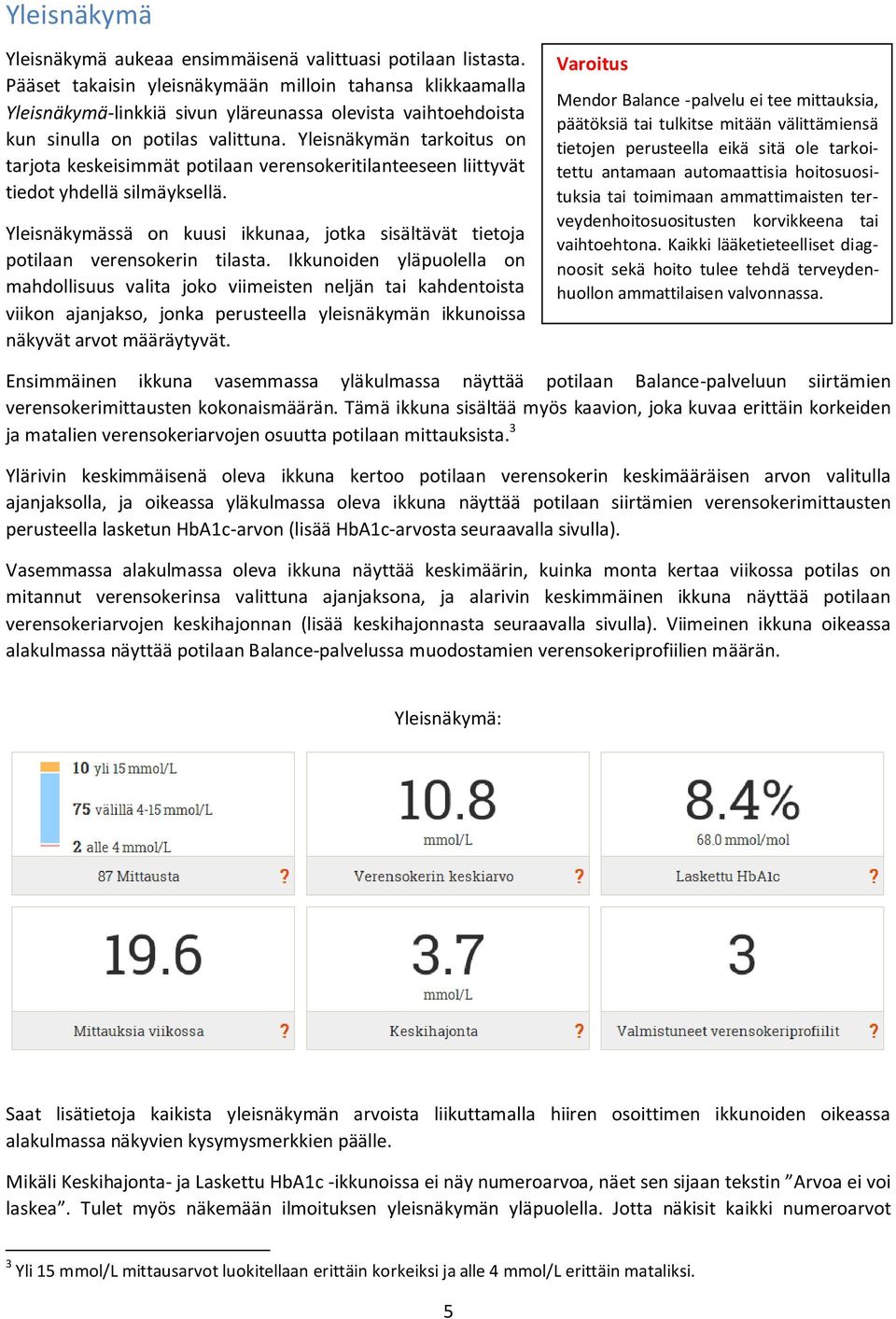 Yleisnäkymän tarkoitus on tarjota keskeisimmät potilaan verensokeritilanteeseen liittyvät tiedot yhdellä silmäyksellä.