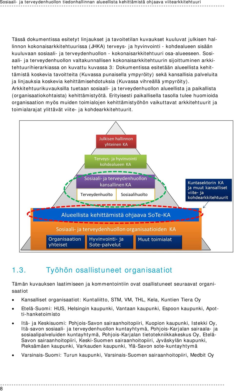 Sosiaali- ja terveydenhuollon valtakunnallisen kokonaisarkkitehtuurin sijoittuminen arkkitehtuurihierarkiassa on kuvattu kuvassa 3: Dokumentissa esitetään alueellista kehittämistä koskevia