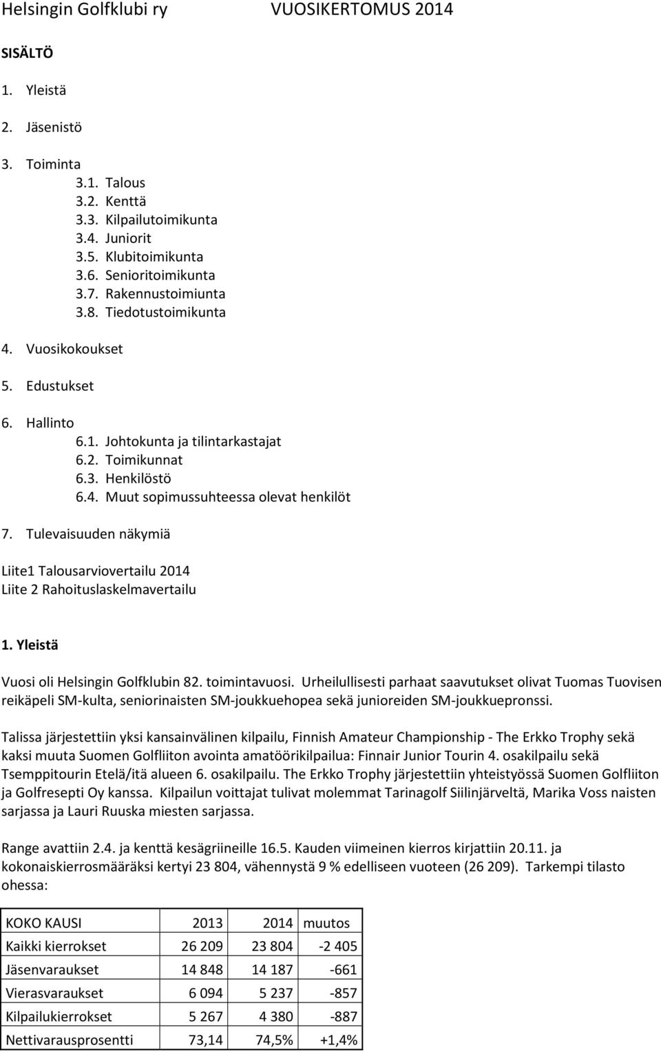 Tulevaisuuden näkymiä Liite1 Talousarviovertailu 2014 Liite 2 Rahoituslaskelmavertailu 1. Yleistä Vuosi oli Helsingin Golfklubin 82. toimintavuosi.