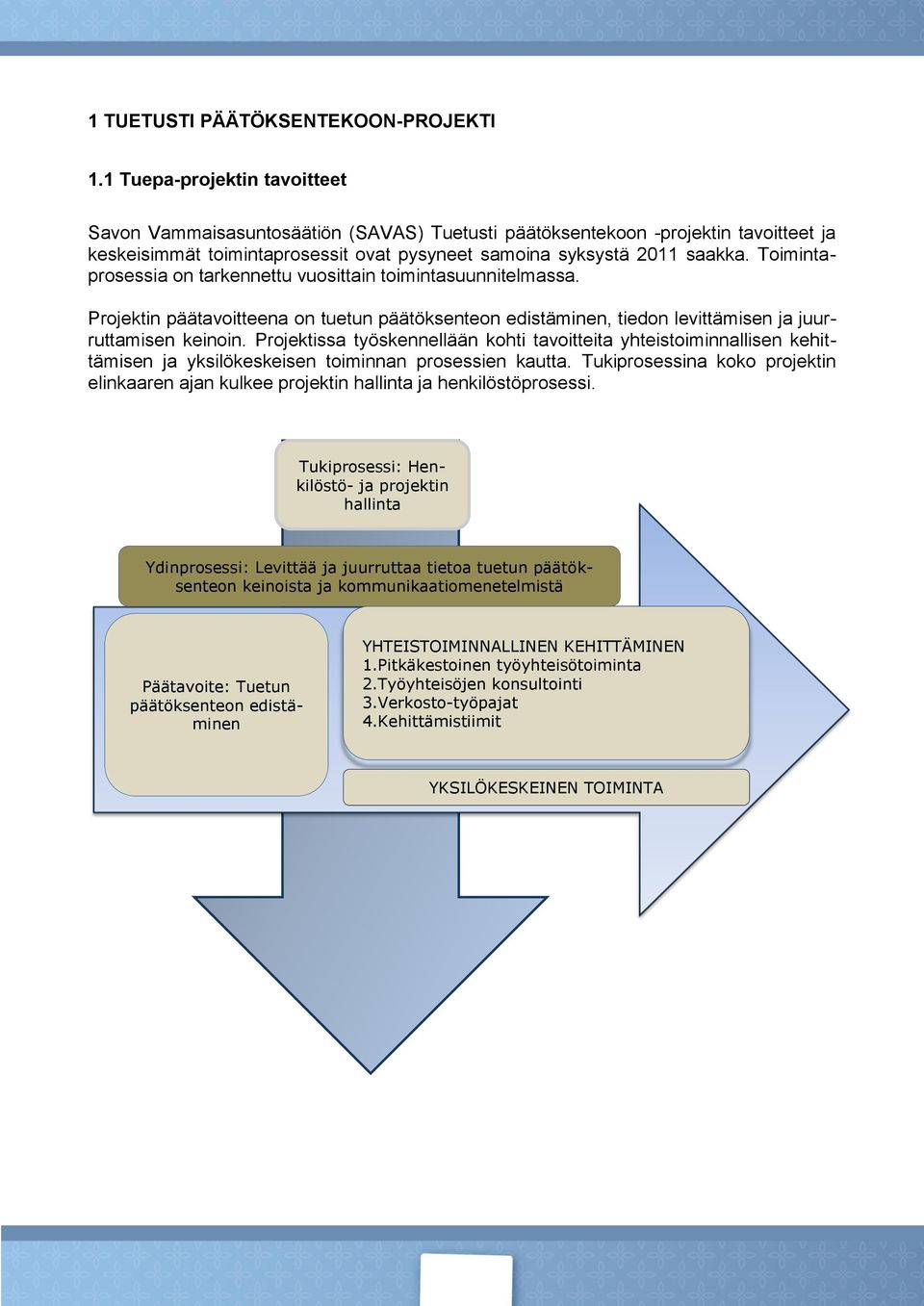 Toimintaprosessia on tarkennettu vuosittain toimintasuunnitelmassa. Projektin päätavoitteena on tuetun päätöksenteon edistäminen, tiedon levittämisen ja juurruttamisen keinoin.