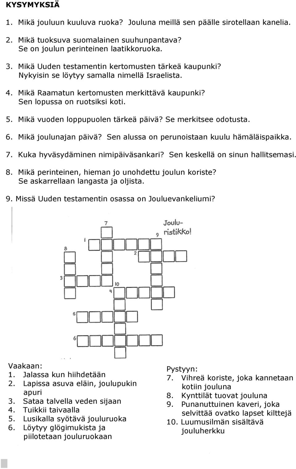 Mikä vuoden loppupuolen tärkeä päivä? Se merkitsee odotusta. 6. Mikä joulunajan päivä? Sen alussa on perunoistaan kuulu hämäläispaikka. 7. Kuka hyväsydäminen nimipäiväsankari?