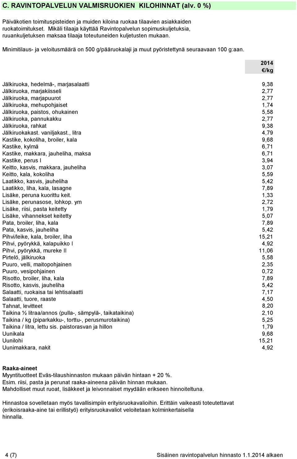 Minimitilaus- ja veloitusmäärä on 500 g/pääruokalaji ja muut pyöristettynä seuraavaan 100 g:aan.