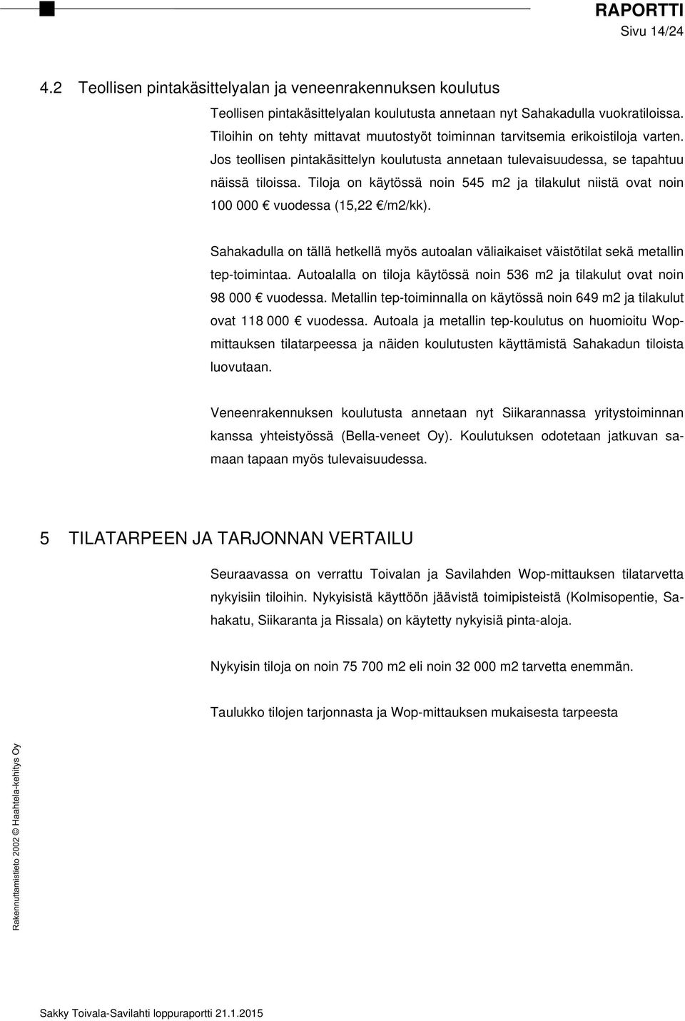 Tiloja on käytössä noin 545 m2 ja tilakulut niistä ovat noin 100 000 vuodessa (15,22 /m2/kk). Sahakadulla on tällä hetkellä myös autoalan väliaikaiset väistötilat sekä metallin tep-toimintaa.