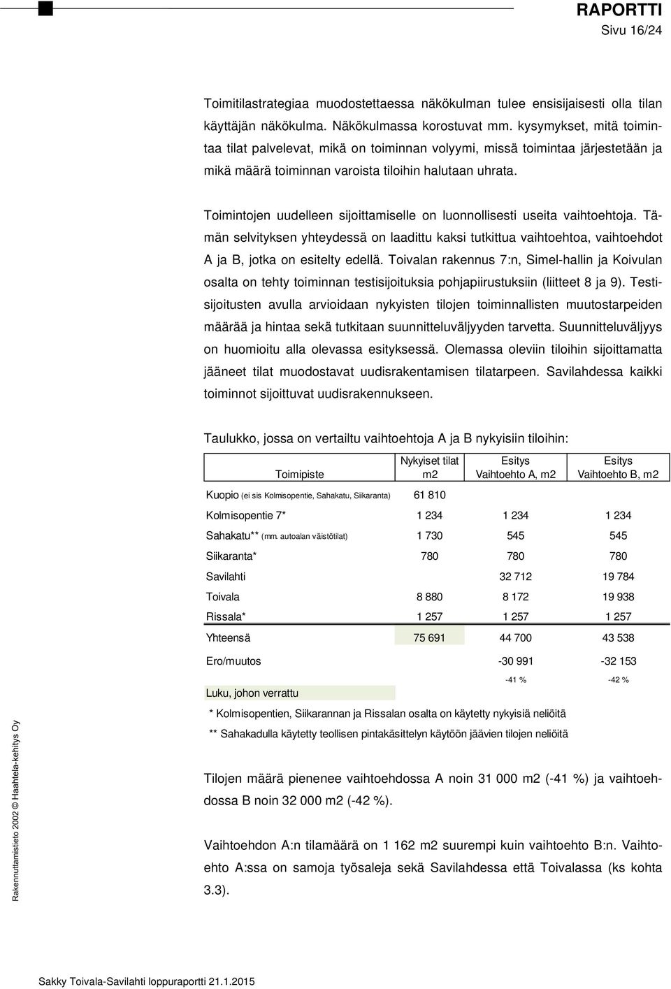 Toimintojen uudelleen sijoittamiselle on luonnollisesti useita vaihtoehtoja. Tämän selvityksen yhteydessä on laadittu kaksi tutkittua vaihtoehtoa, vaihtoehdot A ja B, jotka on esitelty edellä.