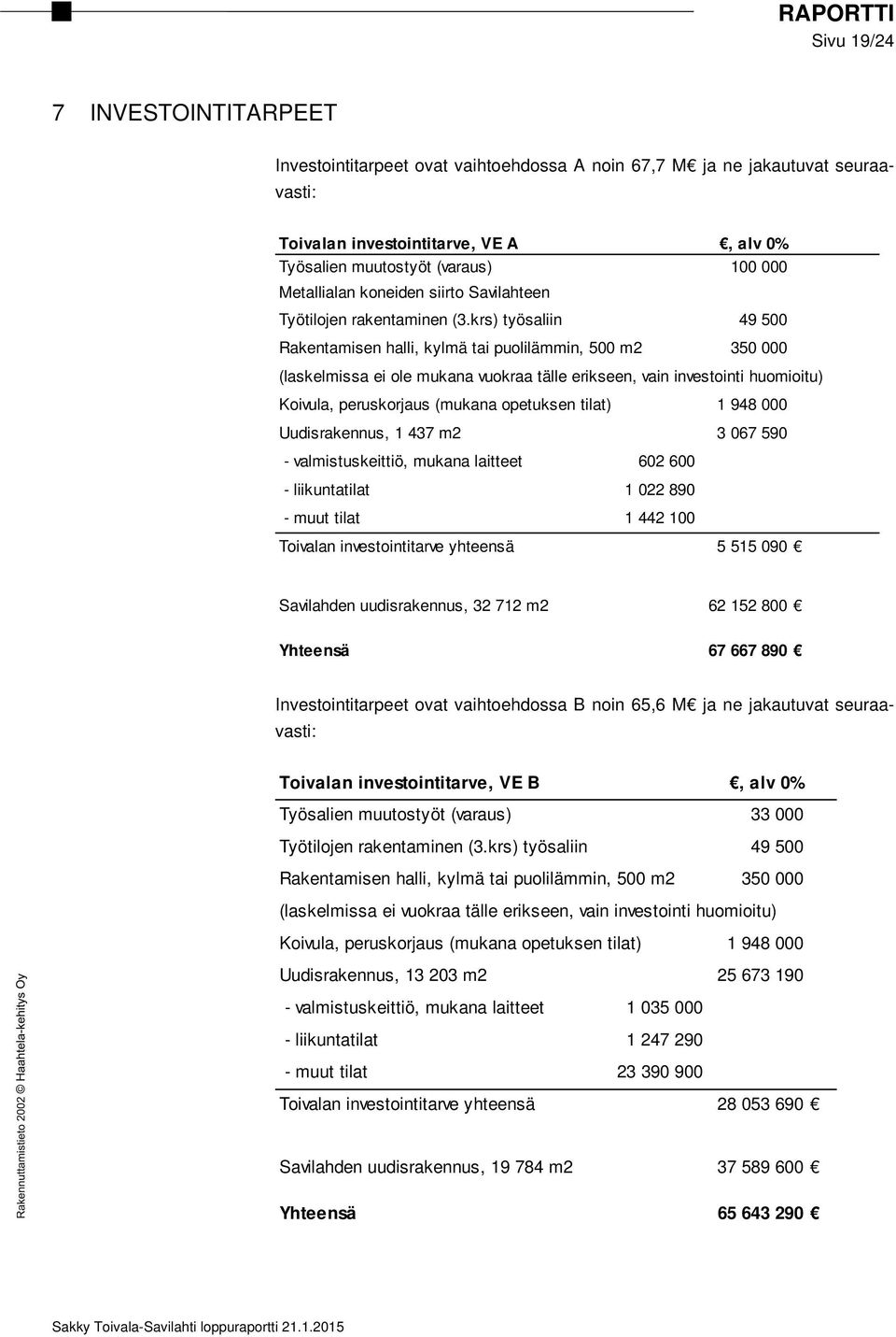 krs) työsaliin 49 500 Rakentamisen halli, kylmä tai puolilämmin, 500 m2 350 000 (laskelmissa ei ole mukana vuokraa tälle erikseen, vain investointi huomioitu) Koivula, peruskorjaus (mukana opetuksen