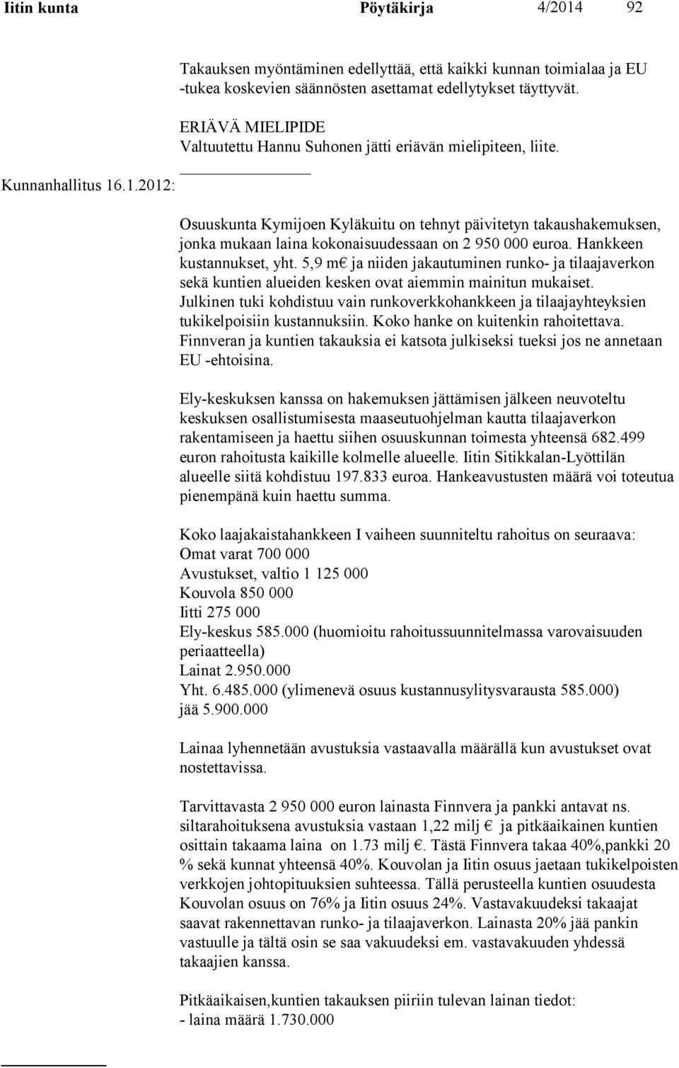 .1.2012: Osuuskunta Kymijoen Kyläkuitu on tehnyt päivitetyn takaushakemuksen, jonka mukaan laina kokonaisuudessaan on 2 950 000 euroa. Hankkeen kustannukset, yht.