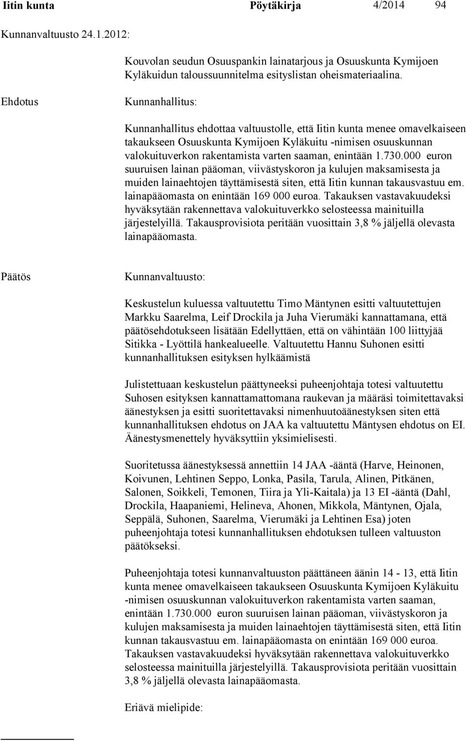 000 euron suuruisen lainan pääoman, viivästyskoron ja kulujen maksamisesta ja muiden lainaehtojen täyttämisestä siten, että Iitin kunnan takausvastuu em. lainapääomasta on enintään 169 000 euroa.