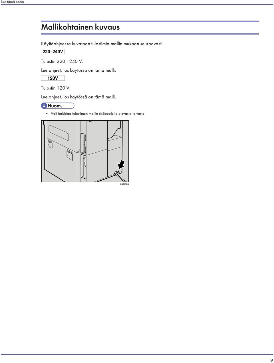 Lue ohjeet, jos käytössä on tämä malli. Tulostin 120 V.