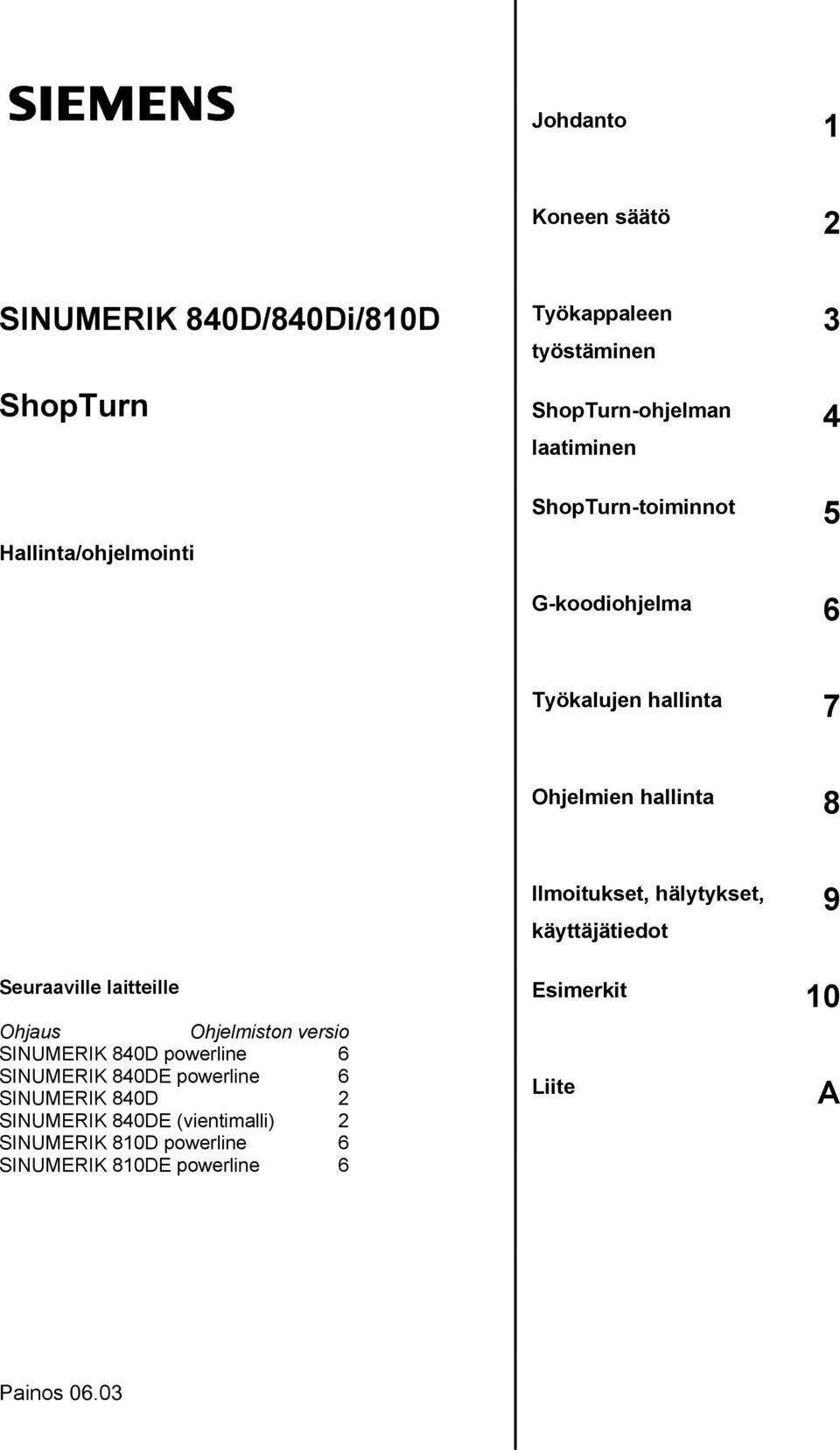 hälytykset, käyttäjätiedot 9 Seuraaville laitteille Esimerkit 10 Ohjaus Ohjelmiston versio SINUMERIK 840D powerline 6