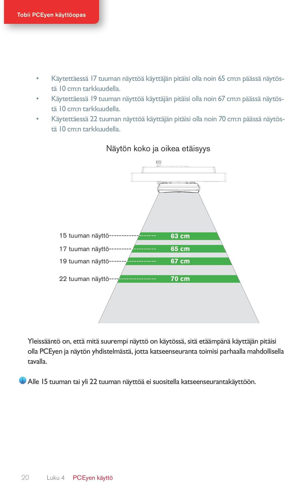 Käytettäessä 22 tuuman näyttöä käyttäjän pitäisi olla noin 70 cm:n päässä näytöstä 10 cm:n tarkkuudella.