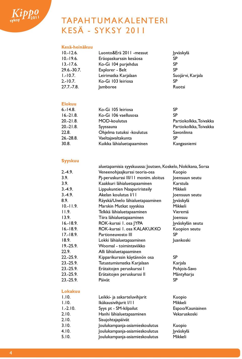 -21.8. Syyssauna Partiokolkka, Toivakka 22.8. Ohjelma tutuksi -koulutus Savonlinna 26.-28.8. Vaeltajavaltakunta SP 30.8. Kuikka lähialuetapaaminen Kangasniemi Syyskuu aluetapamisia syyskuussa: Joutsen, Koskelo, Nokikana, Sorsa 2.