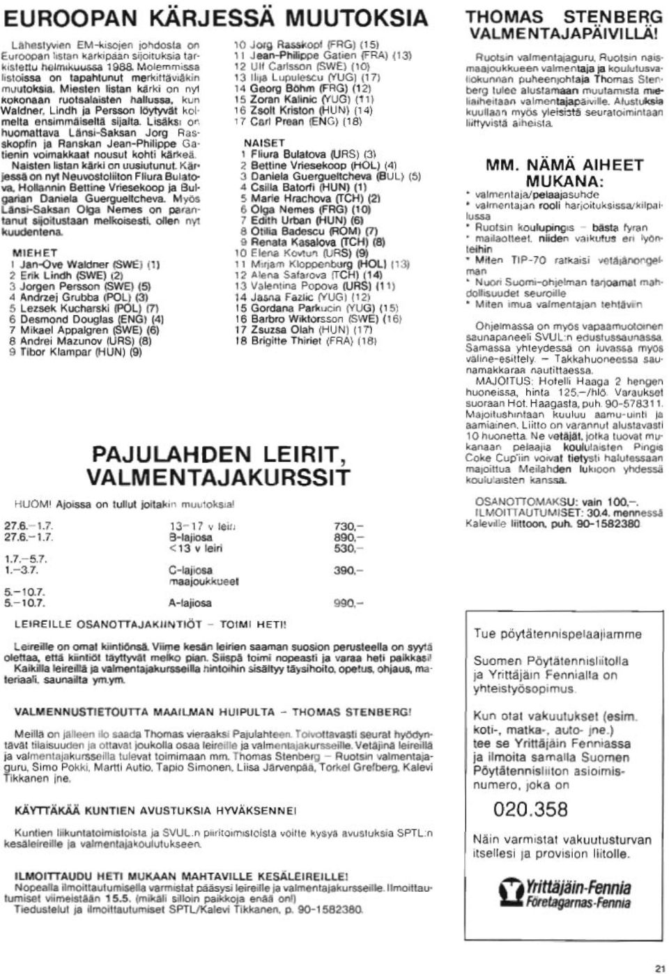 Lisäksi on huomattava Länsi-Saksan Jorg Ras skopfin ja Ranskan Jean-Philippe Gatienin voimakkaat nousut kohti kärkeä. Naisten listan kärki on uusiutunut.