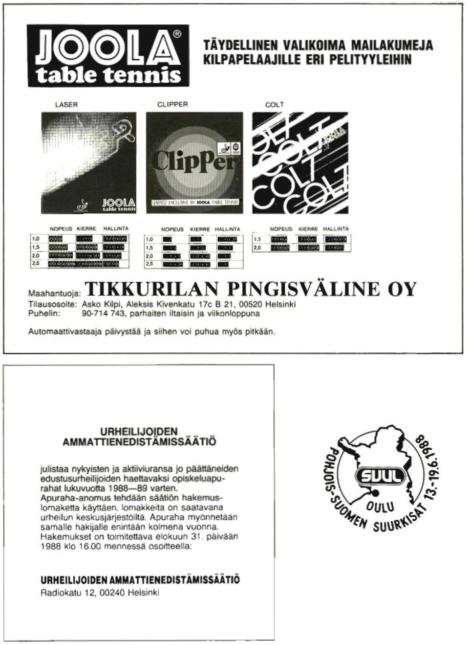 ..-- - - 2,5 fke: =3&J Maahantuoja: TIKKURILAN PINGISVÄLINE OY Tilausosoite: Asko Kilpi, Aleksis Kivenkatu He B 21, 00520 Helsinki Puhelin: 90-714743, parhaiten iltaisin ja viikonloppuna