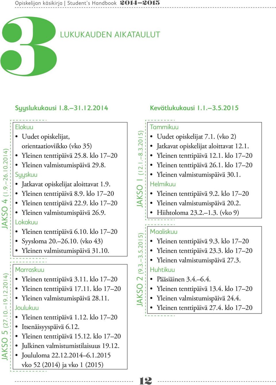 10. klo 17 20 Syysloma 20. 26.10. (vko 43) Yleinen valmistumispäivä 31.10. Marraskuu Yleinen tenttipäivä 3.11. klo 17 20 Yleinen tenttipäivä 17.11. klo 17 20 Yleinen valmistumispäivä 28.11. Joulukuu Yleinen tenttipäivä 1.